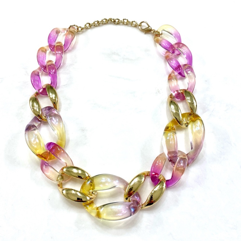 Translucent Pink and Yellow Chain-Link Necklace with Gold Accents